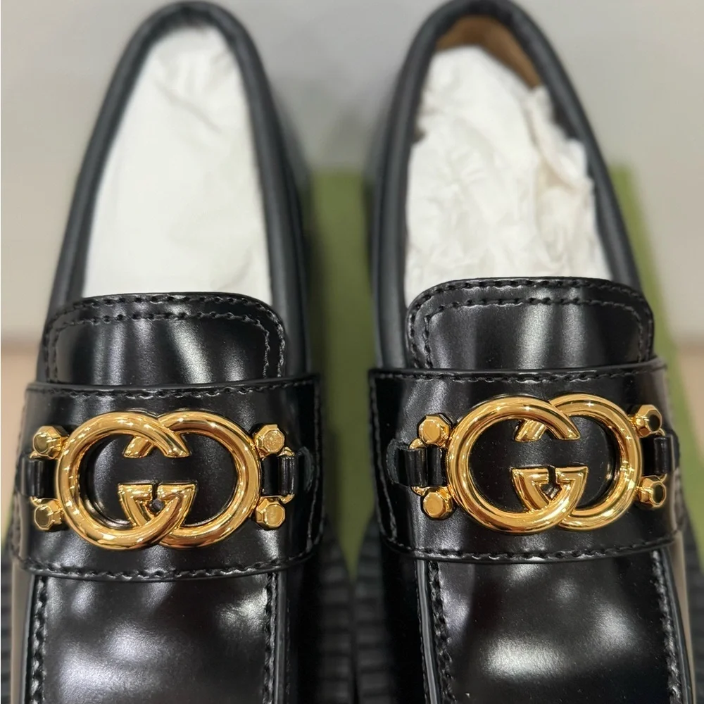 GUCCI Authentic Spice Lux Nappa Black Patent Gold Interlocking G Loafers US 4 34 - Picture 10 of 10
